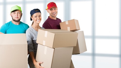 Packed office furniture and equipment ready for transport