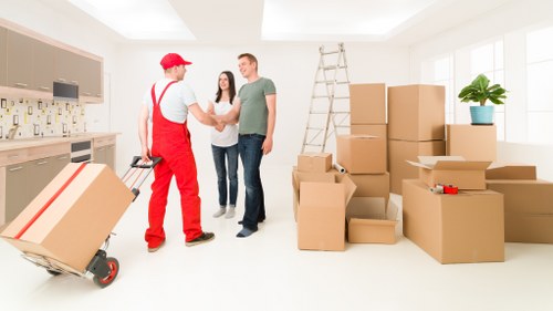 Office furniture and equipment prepared for a Belmont commercial move